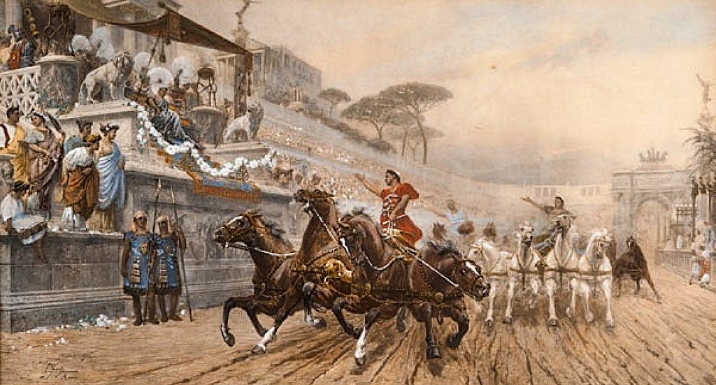 A painting of people riding horses in front of a crowd.