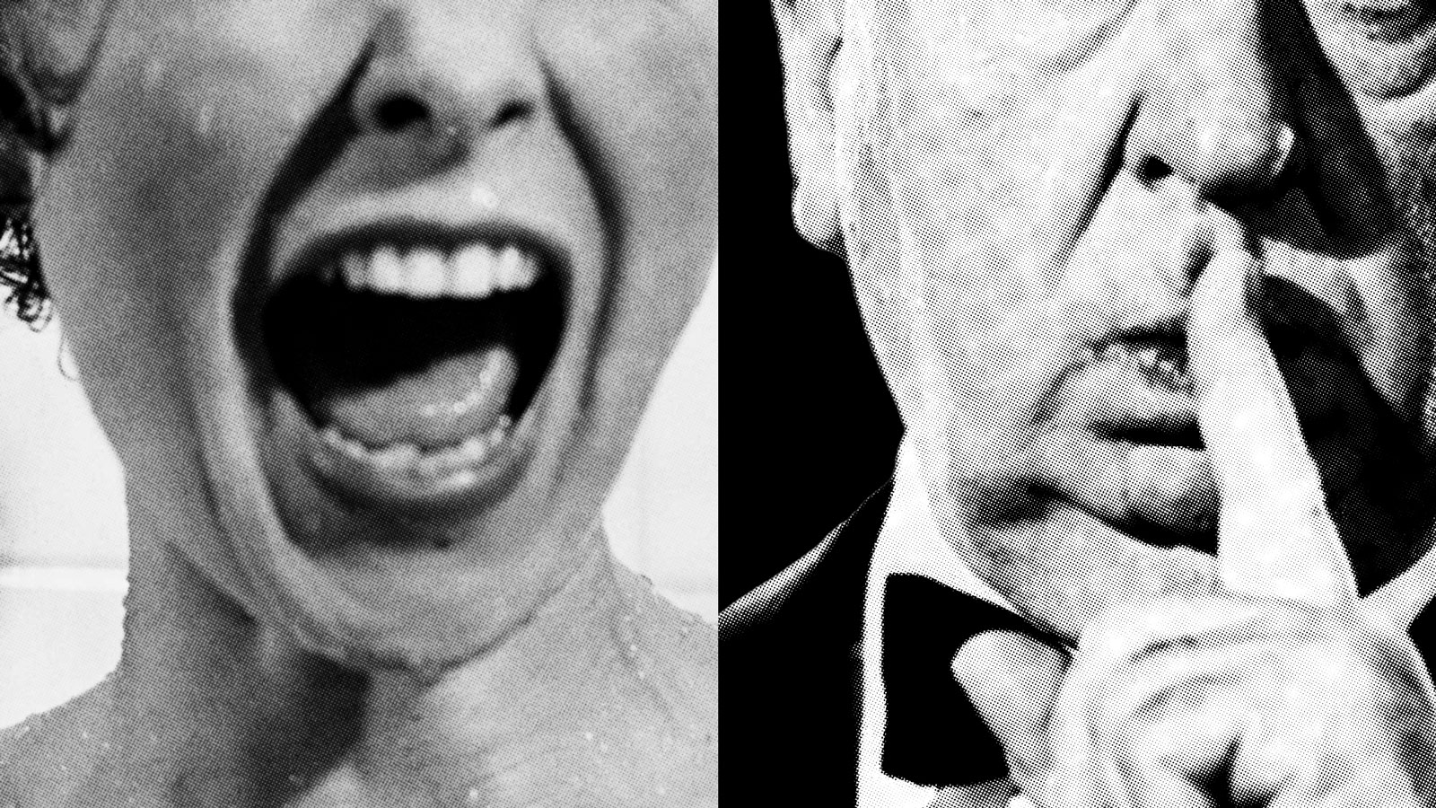 A still of Janet Leigh screaming in Alfred Hitchcock's 'Psycho' beside an image of Alfred Hitchcock holding a finger to his mouth as if shushing someone.
