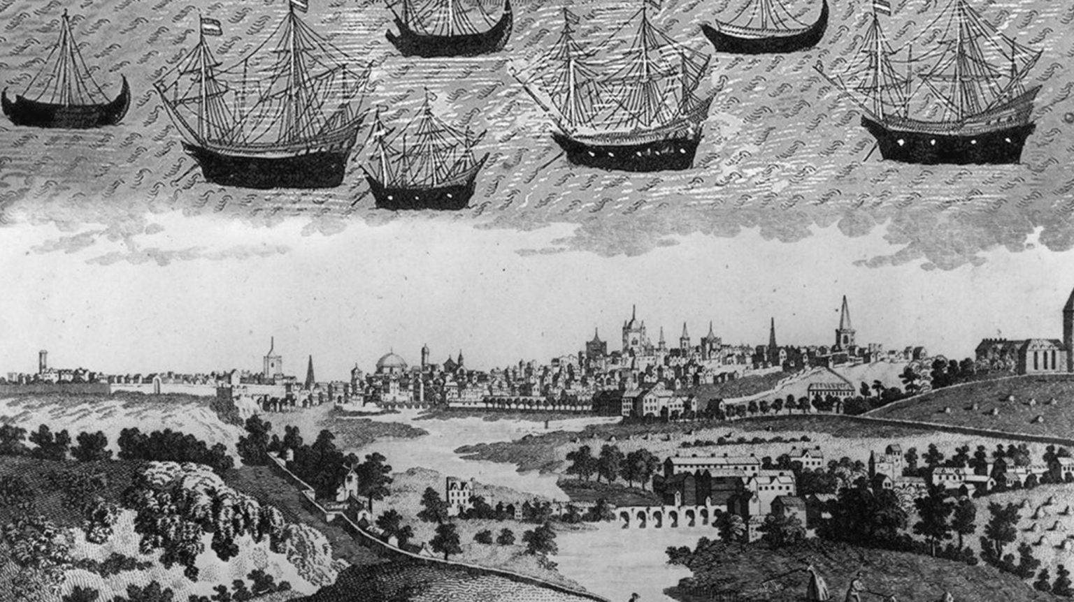 A black and white drawing of ships flying over a city.