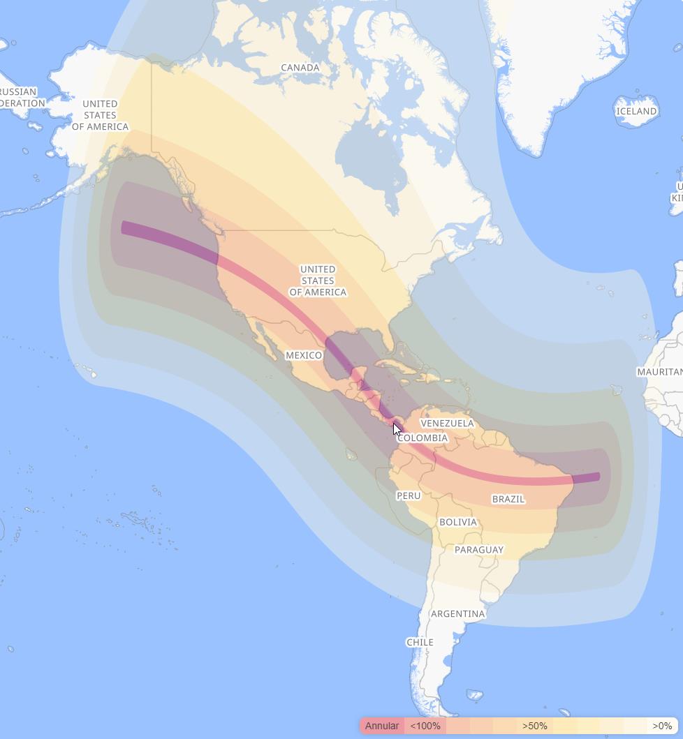 A map showing the location of an annular eclipse.