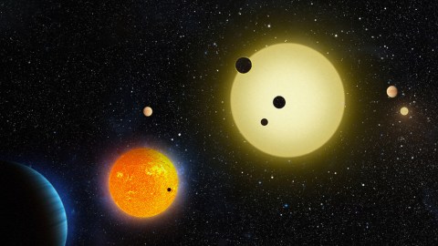 An artist's impression of a group of planets in space detected via the doppler method.