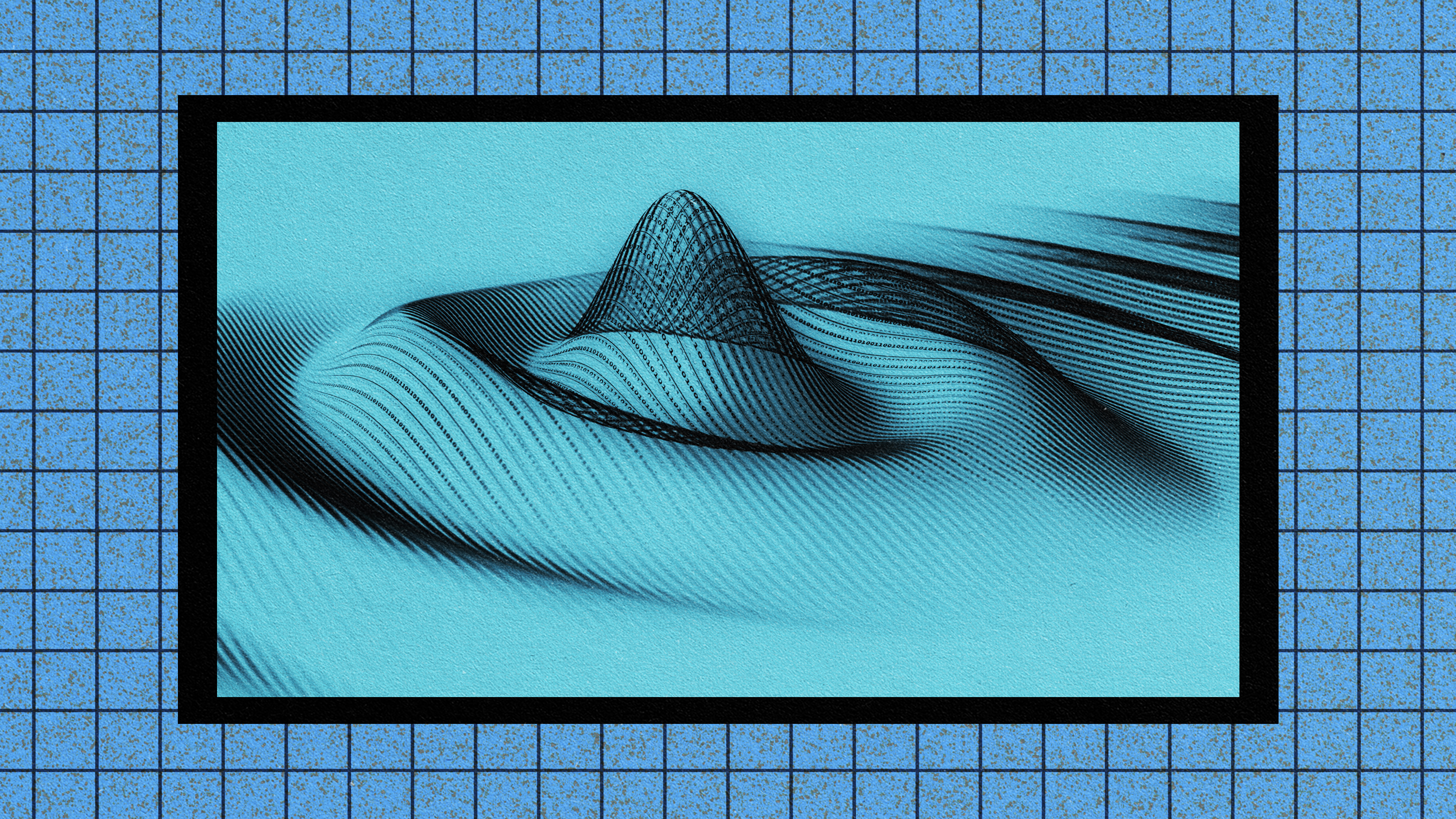 A black and white image of a quantum wave particle on a blue background.