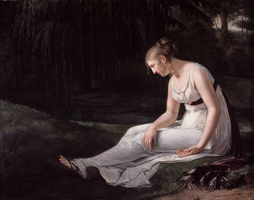 A painting of a woman sitting on the ground.