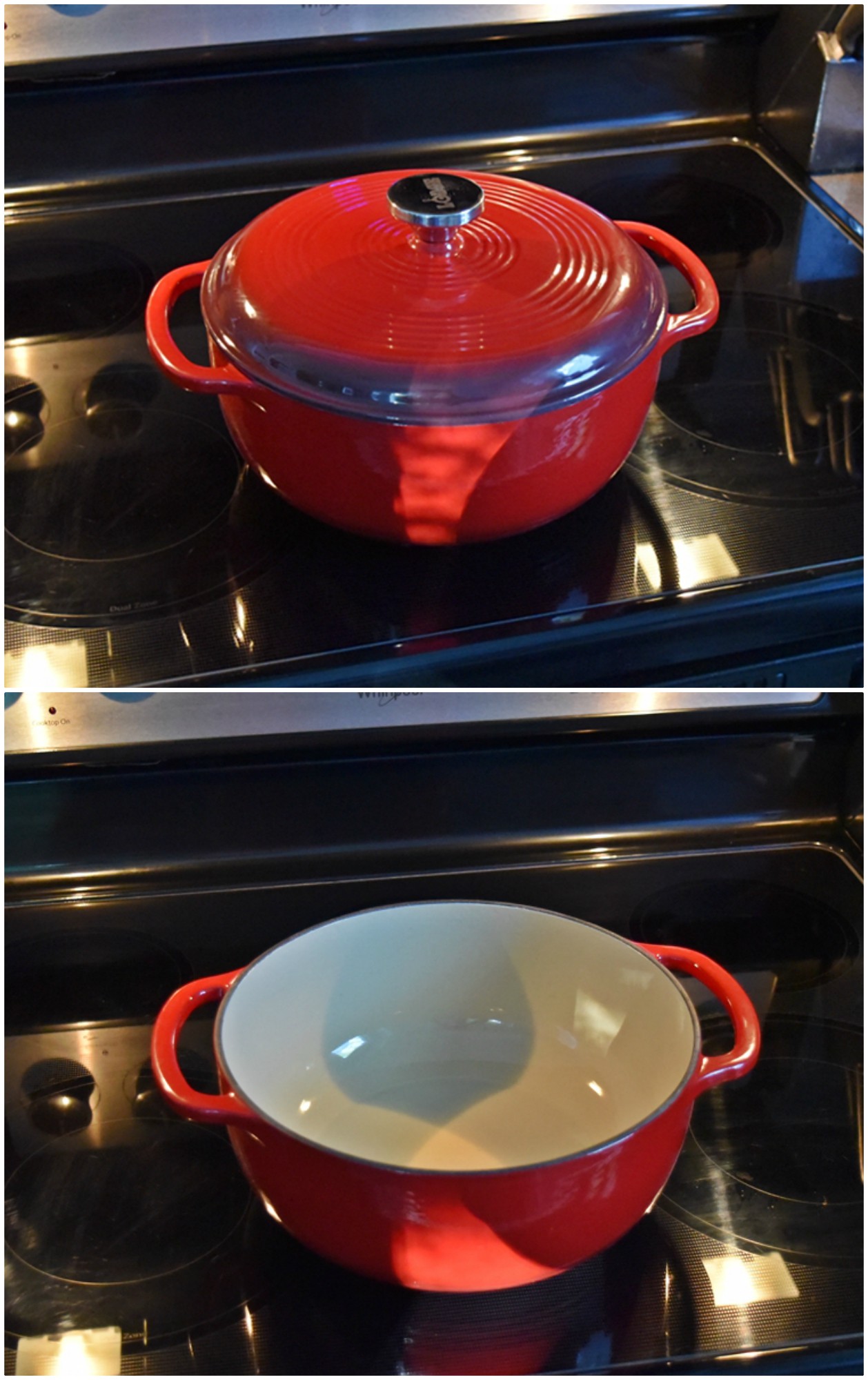 Two pictures of a casserole on a stove, demonstrating the concept of entropy in a closed system.