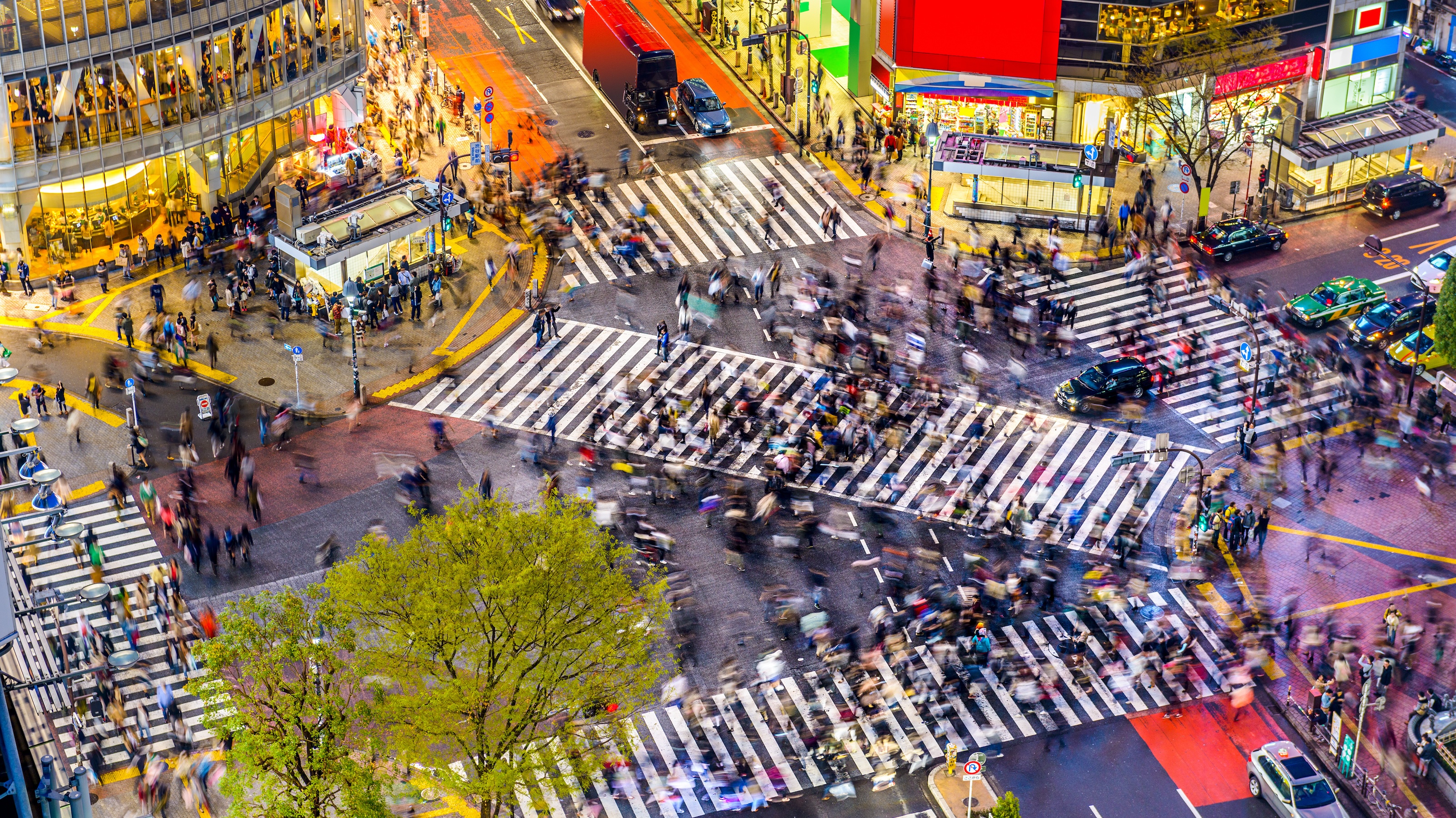 An aerial view of a populous intersection in Tokyo, Japan.