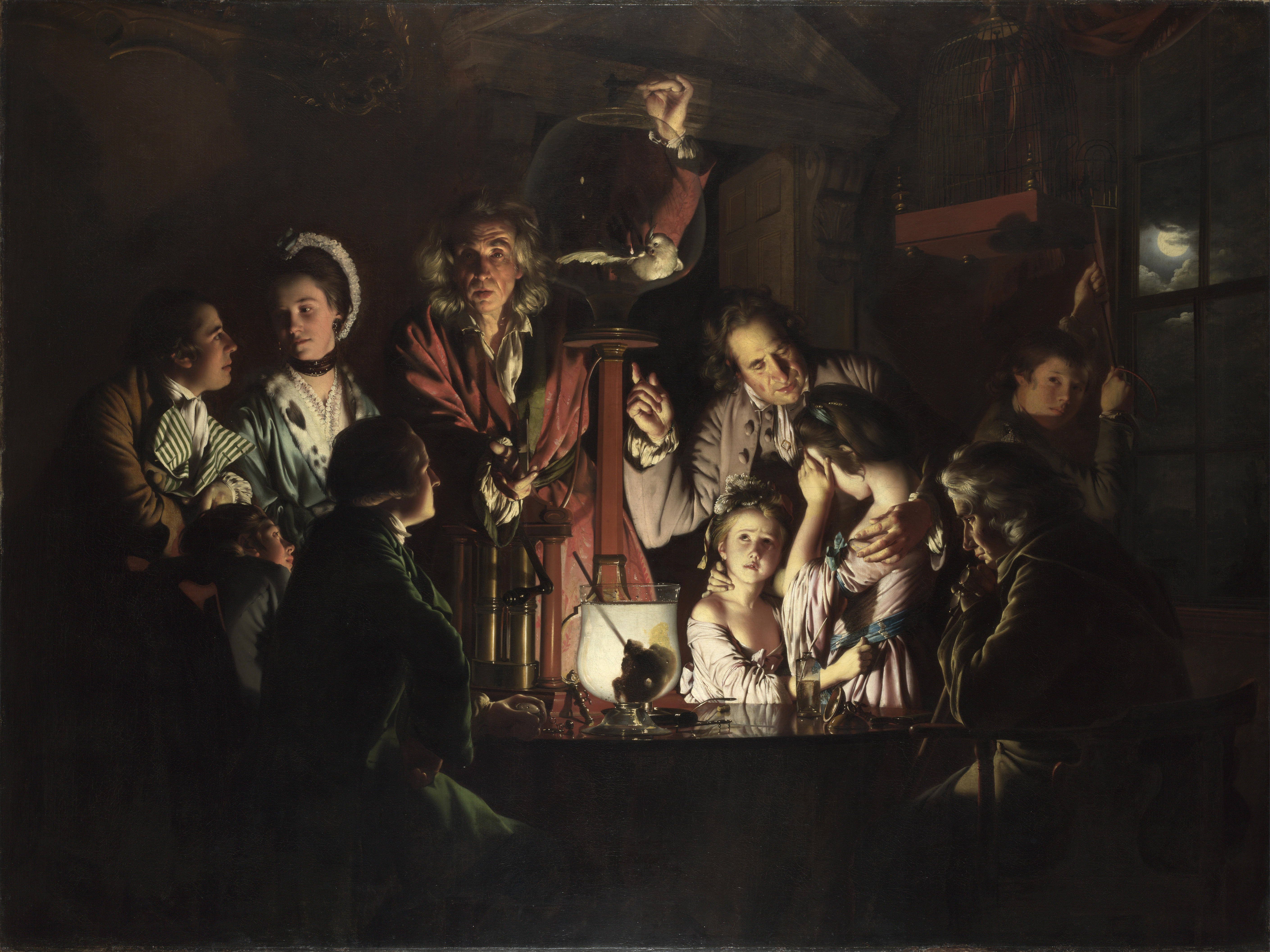 A painting of a group of people at a table with an air pump.