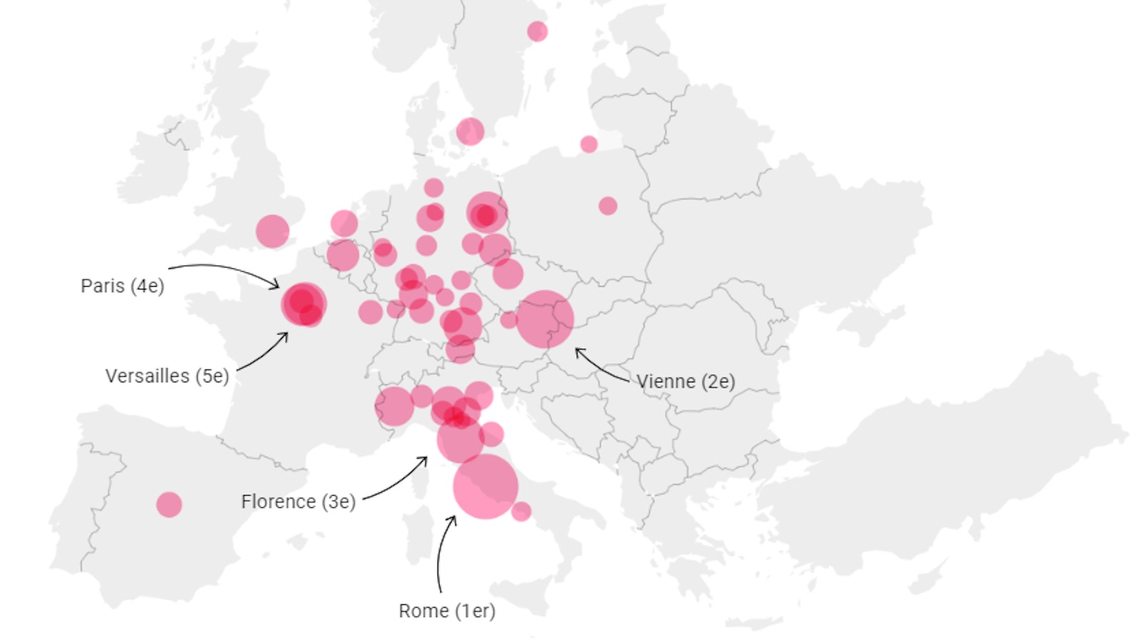 A map of europe with pink dots on it.