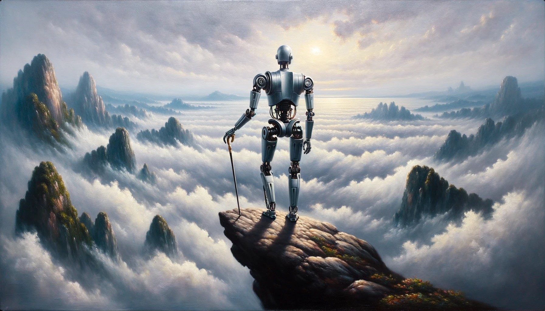 A painting of a robot standing on top of a cliff.