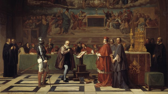A painting of a group of people standing in front of a church.