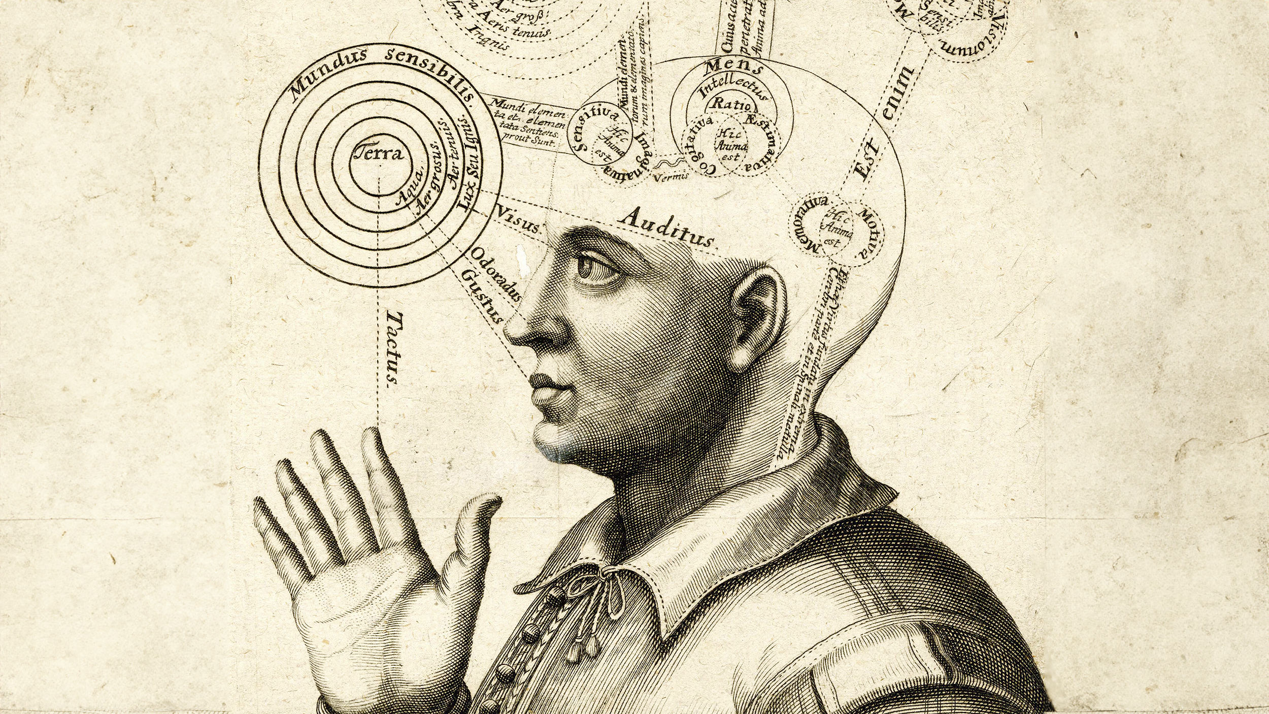 An old drawing of a man with his hand in his head, exploring the depths of free will.