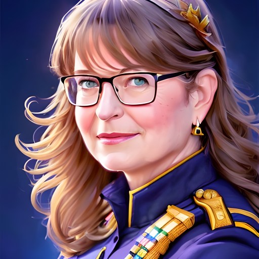 A woman in a uniform with glasses and a crown.