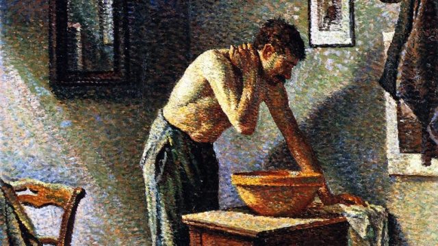 A painting of a man washing his hands.