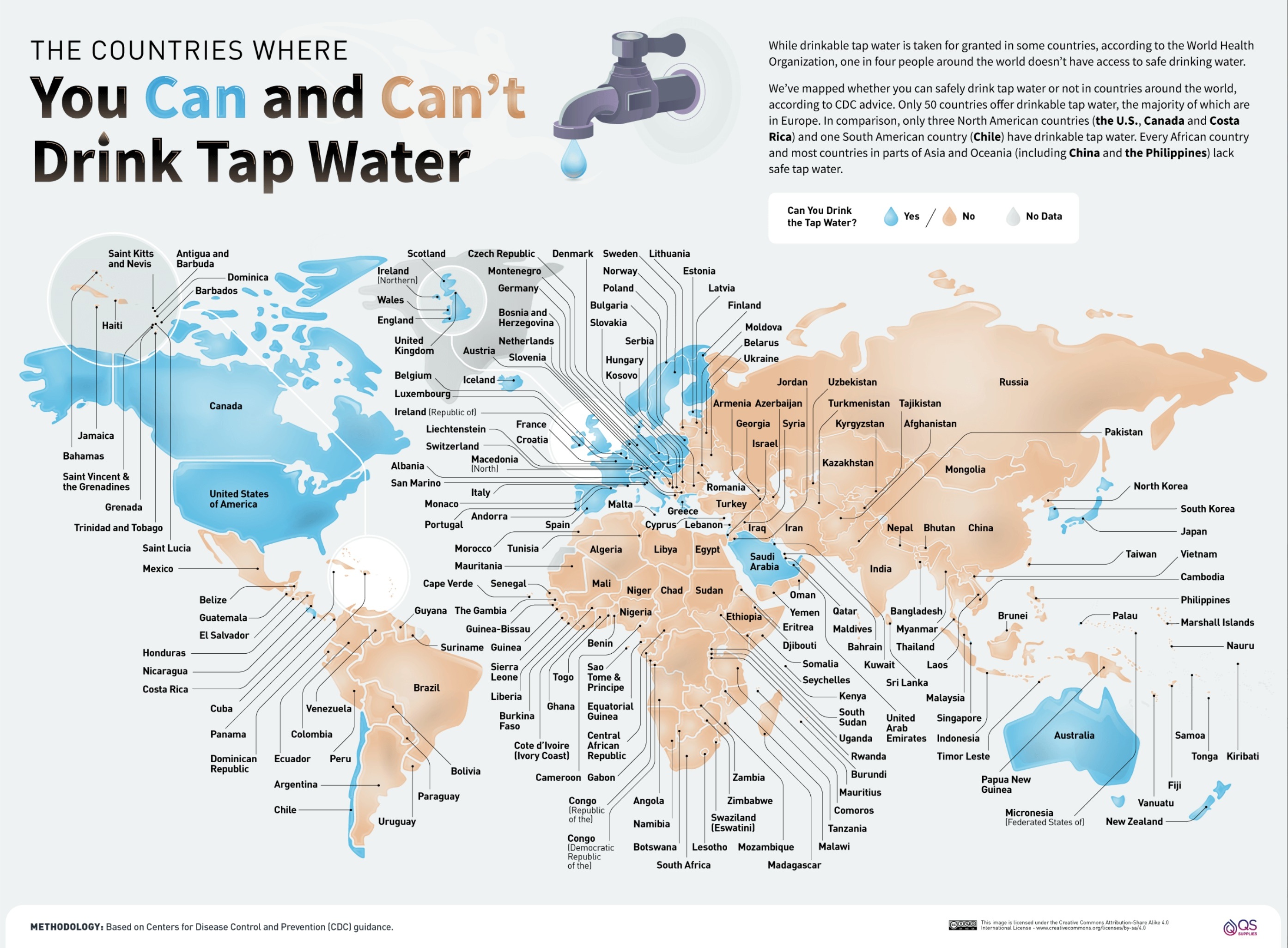 The countries where you can't drink tap water infographic.