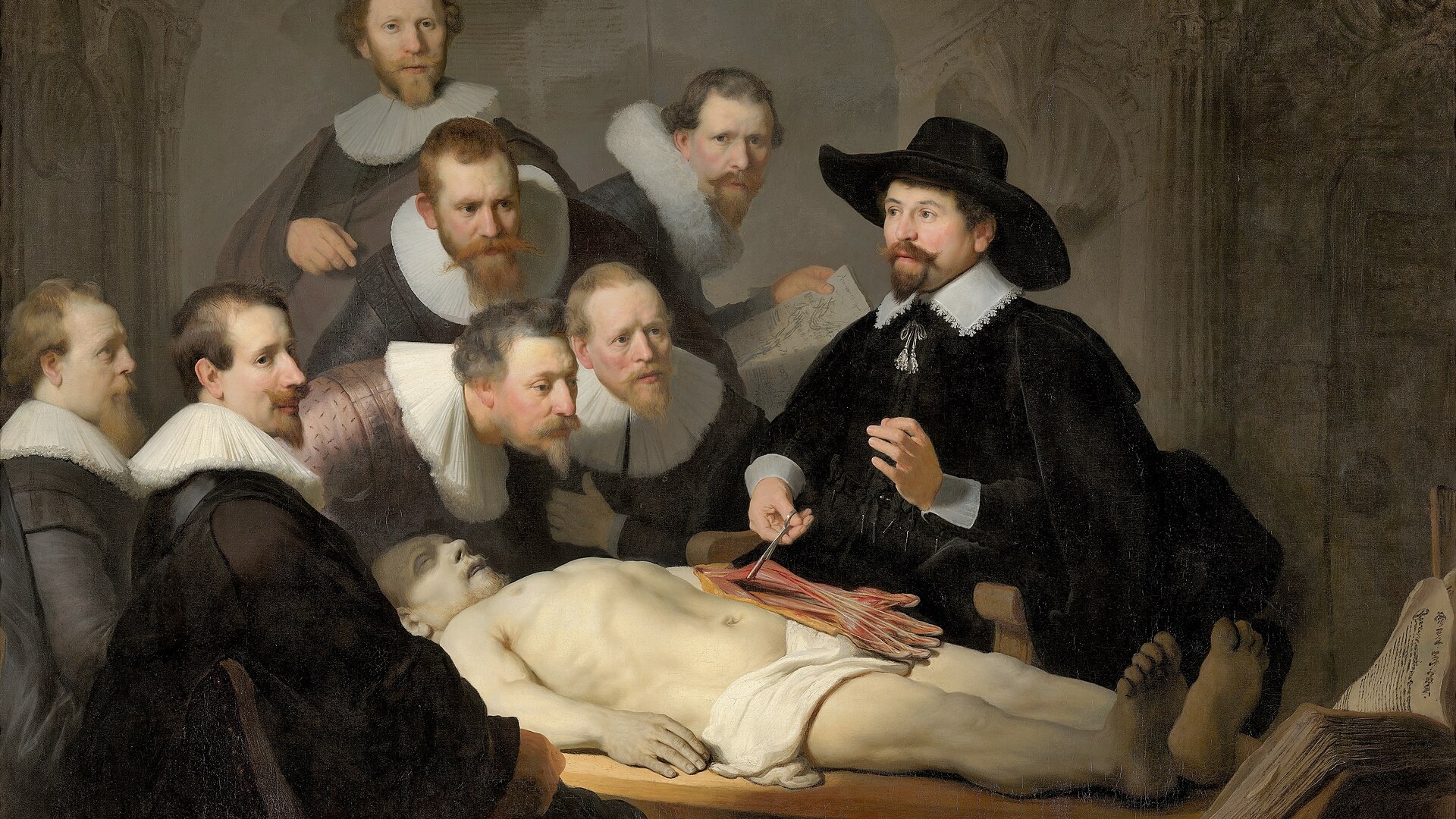 A painting of a group of men examining a cadaver
