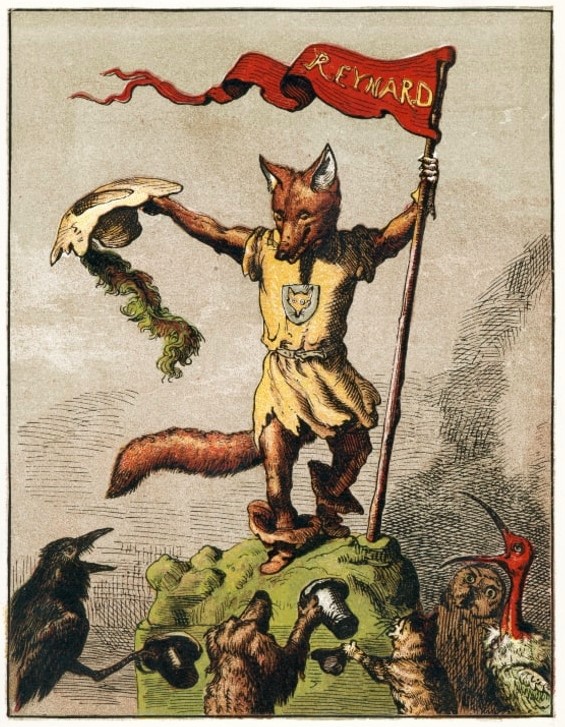 A cartoon of a fox holding a flag 