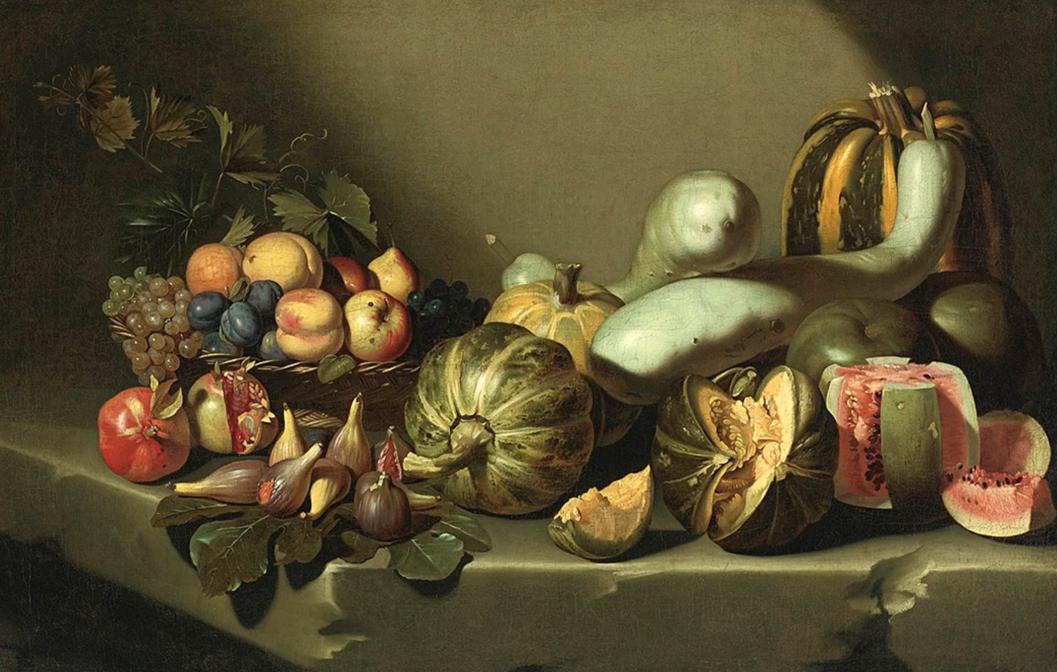 A Renaissance painting featuring a table adorned with an array of fruits and vegetables, potentially concealing subtle sexual metaphors.