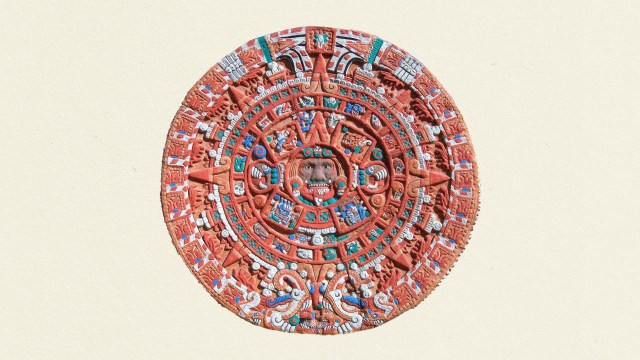 An aztec calendar on a white background.