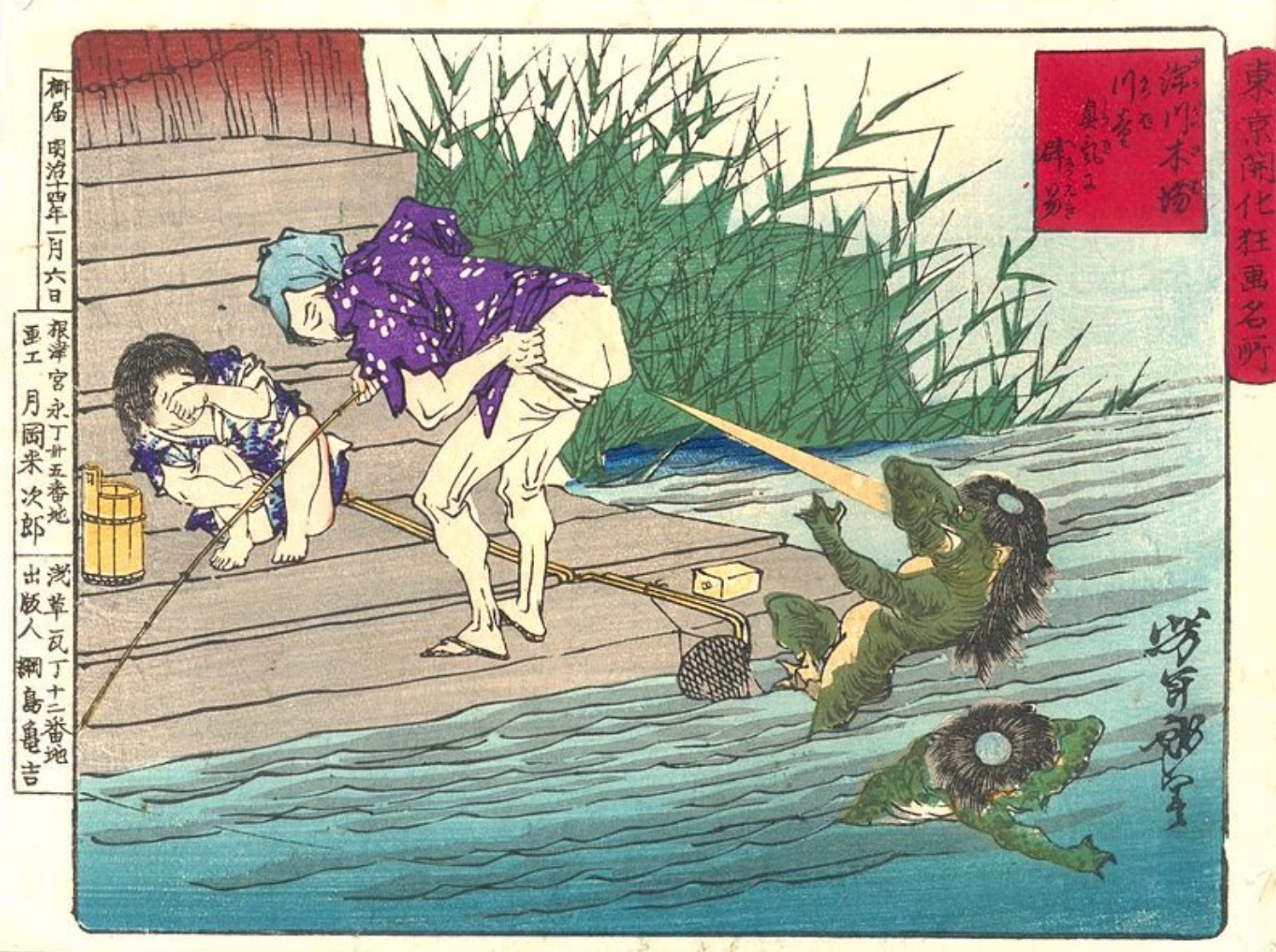 A japanese painting of a man and a woman fishing.