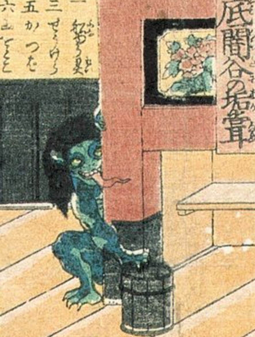 A japanese painting of a monster in a room.