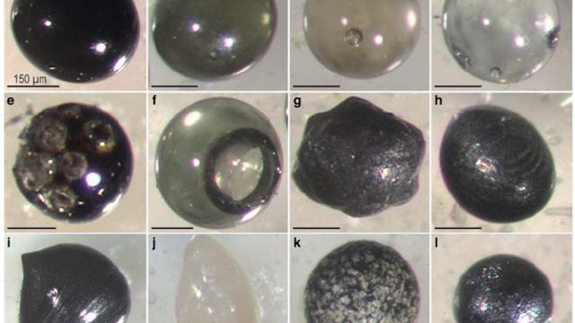 A series of images showing different types of micrometeorites recovered in the transantarctic mountains