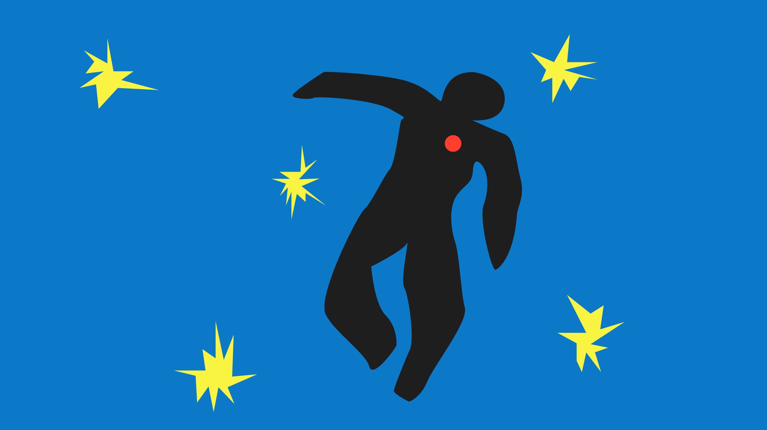 A silhouette of a man flying in the sky with stars.
