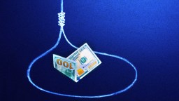 A dollar bill hanging from a rope on a blue background, symbolizing potential fraud.