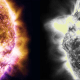 A composite image showing the sun in two different wavelengths of light, highlighting its dynamic surface, magnetic activity, and the first elements formed.