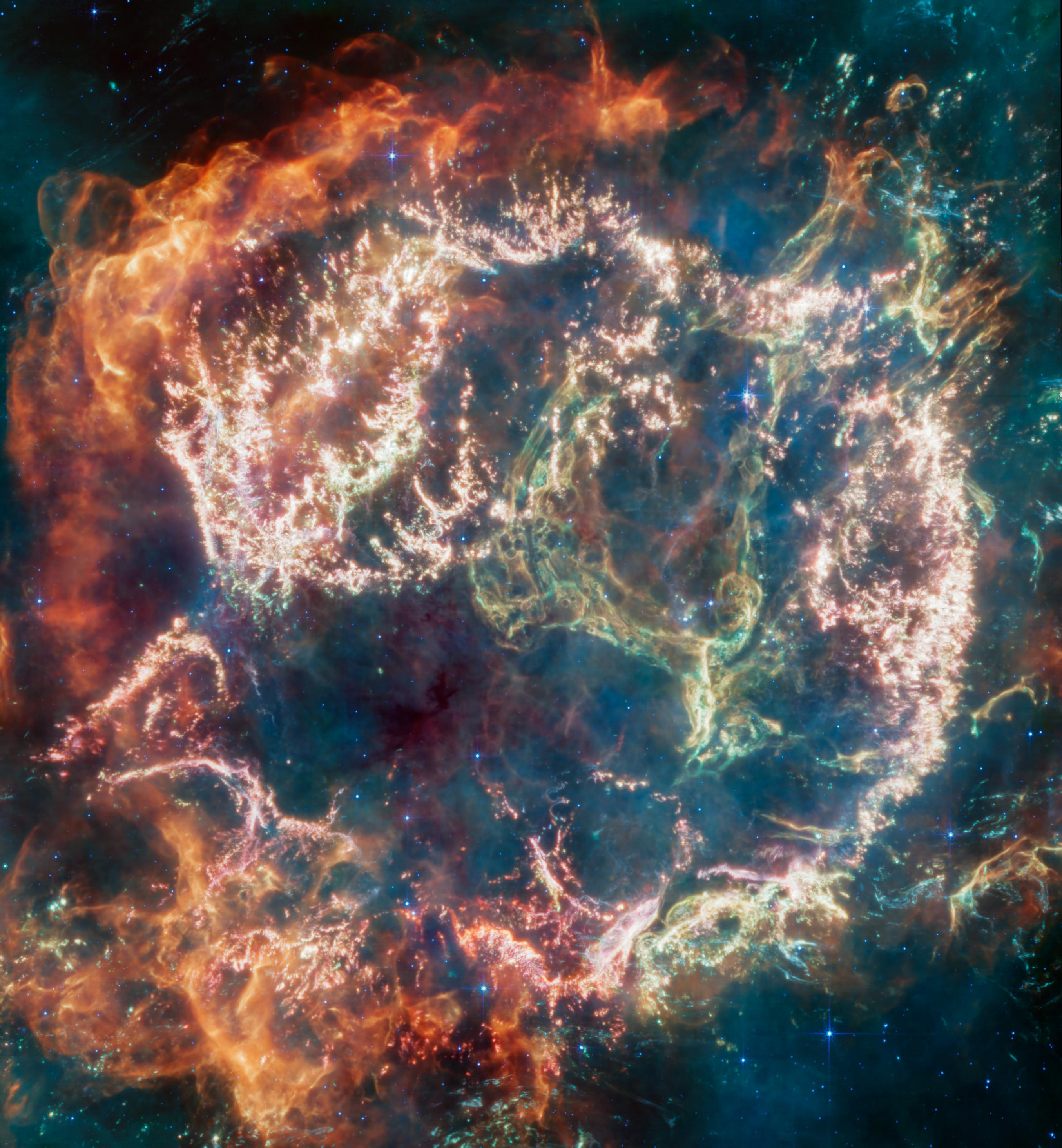 JWST MIRI Cas Cassiopeia is een supernova-overblijfsel