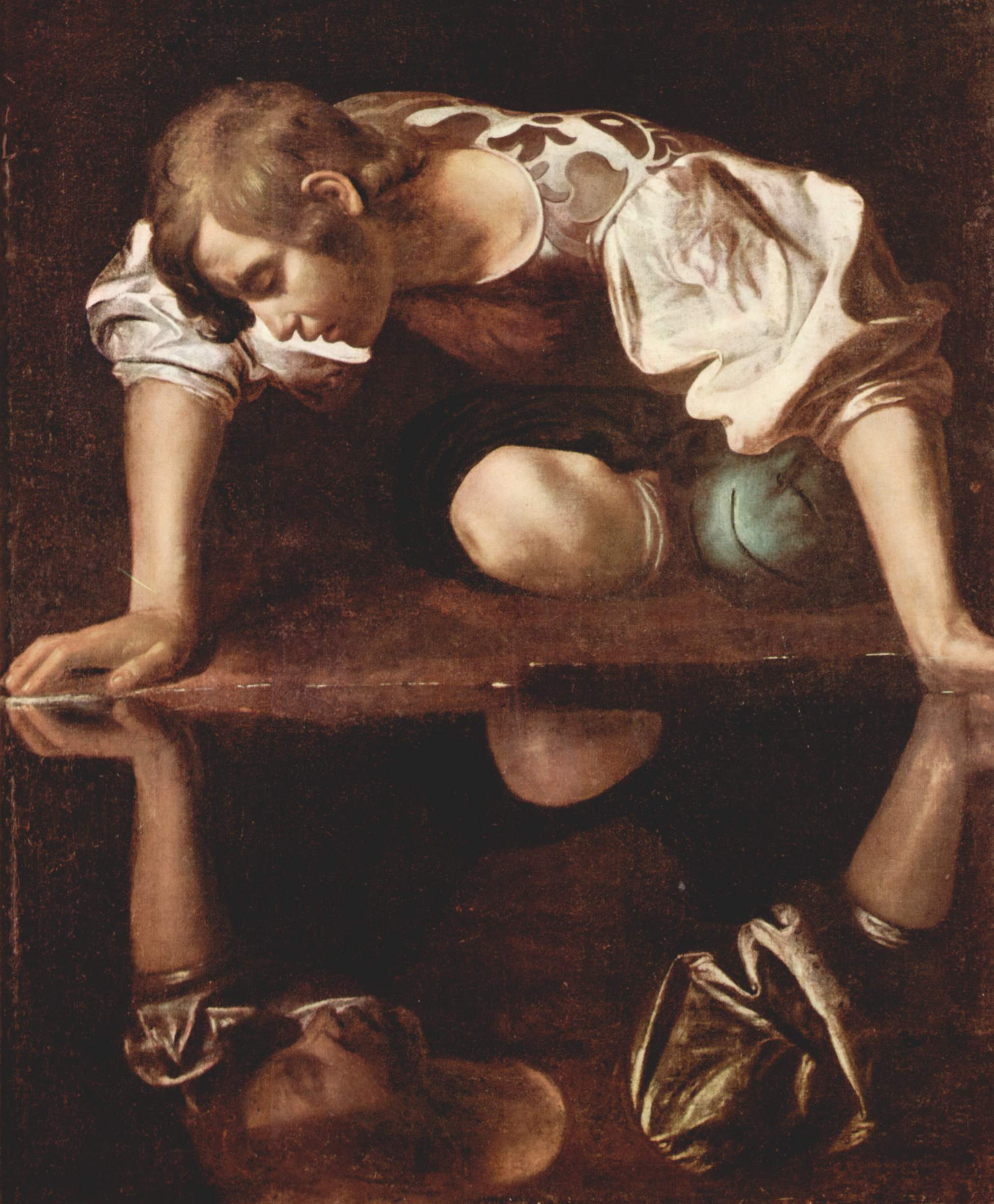 A painting of Narcissus looking at his reflection in the water.