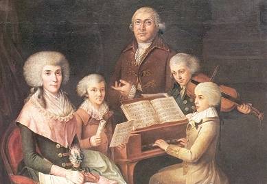 A painting of a family playing music.
