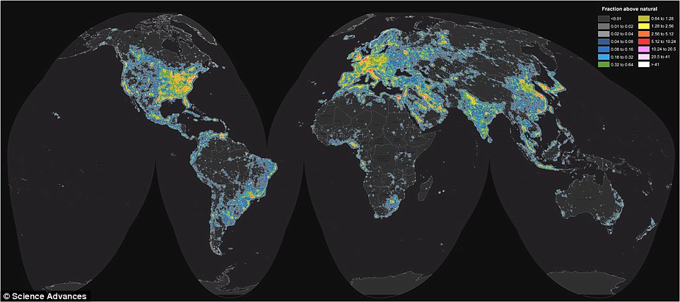 A map of the world depicting light pollution.