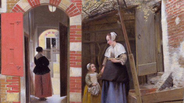 A painting of a woman and two children.