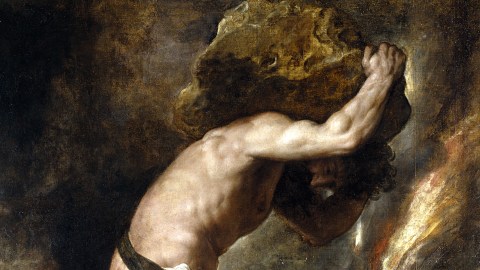 A painting depicting the concept of the law of reversed effort, with a naked man exerting himself to carry a heavy rock.