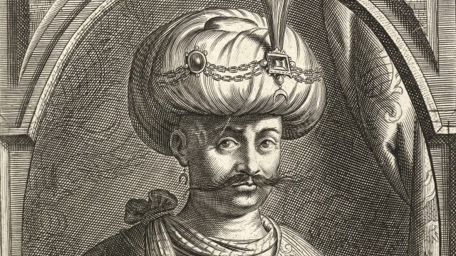 An engraving of Ibrahim the Mad wearing a turban.