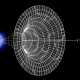 Diagram of the expanding universe concept with cosmic inflation, light cone, and time axis.