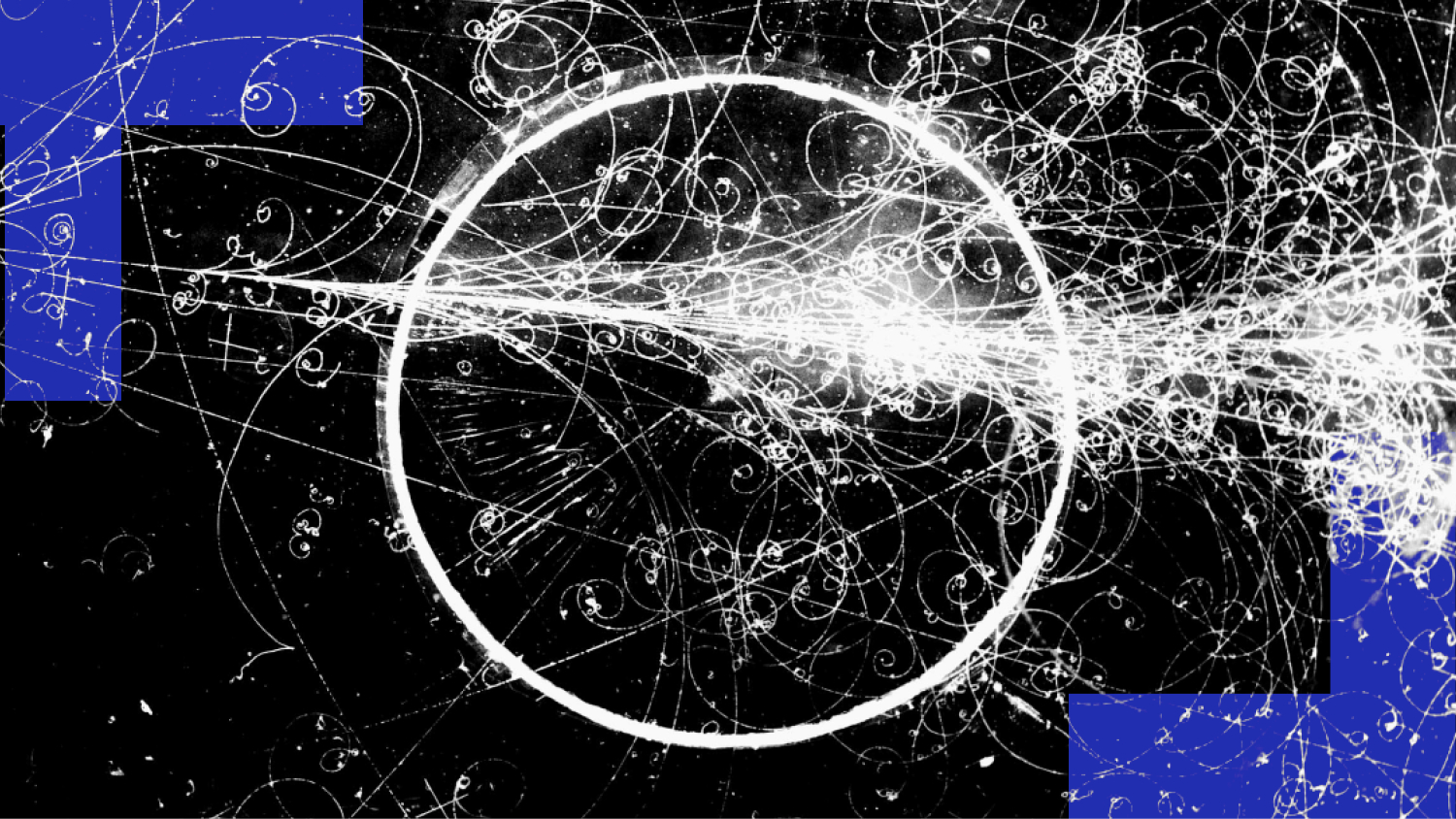 A digital abstract composition with dynamic white lines and swirls on a black background, incorporating some blue rectangular shapes that appear to disappear like antimatter.