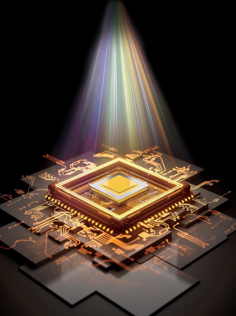 An image of a computer chip with a light shining on it.