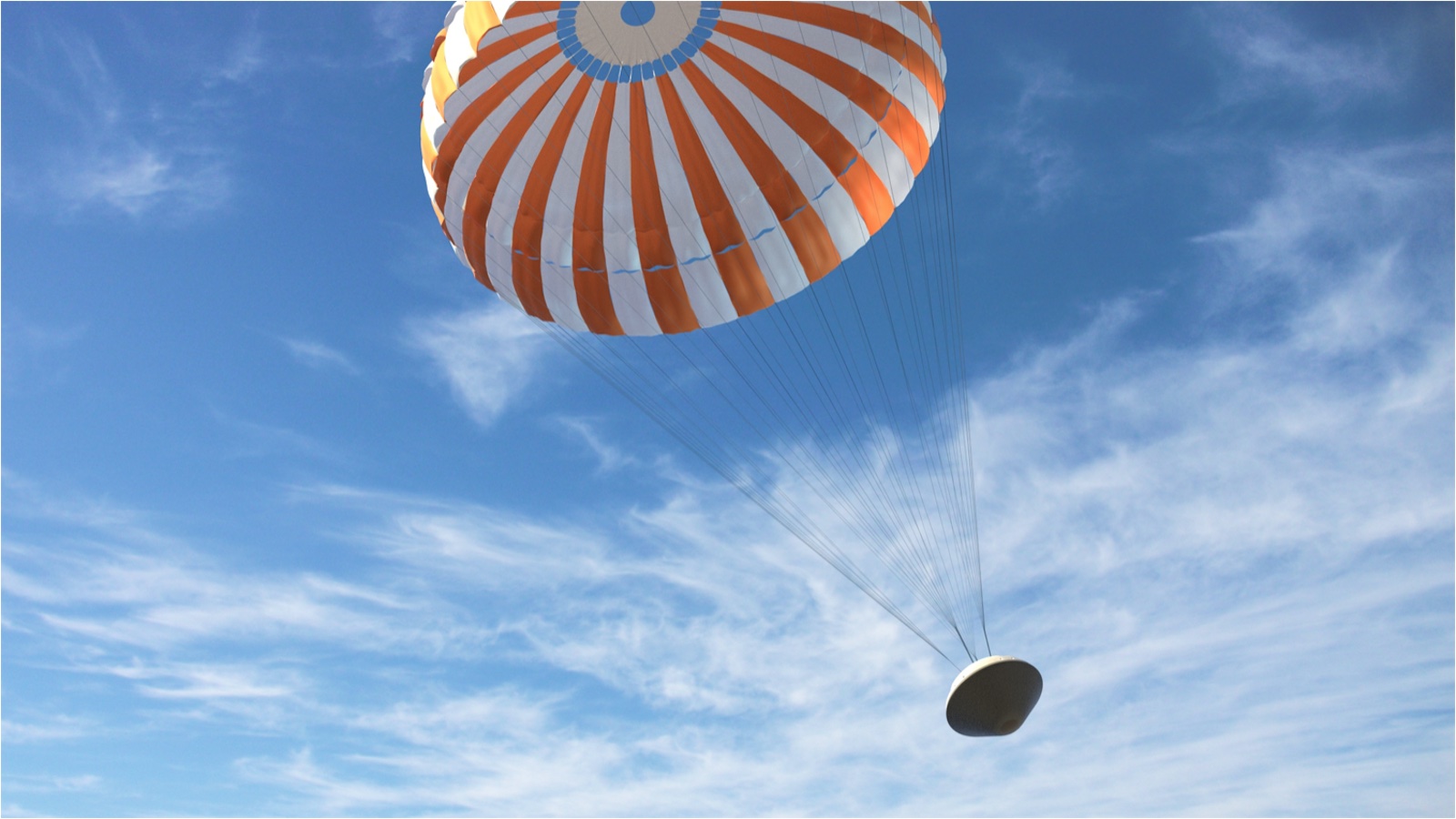 An orange and white parachute flying in the sky.