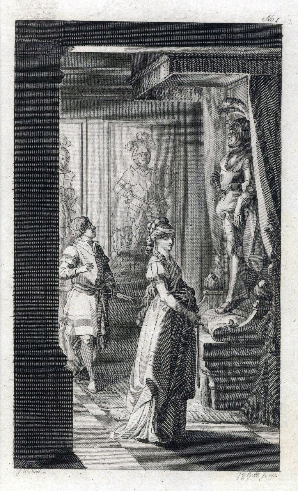 An engraving of a woman and a man in a room.