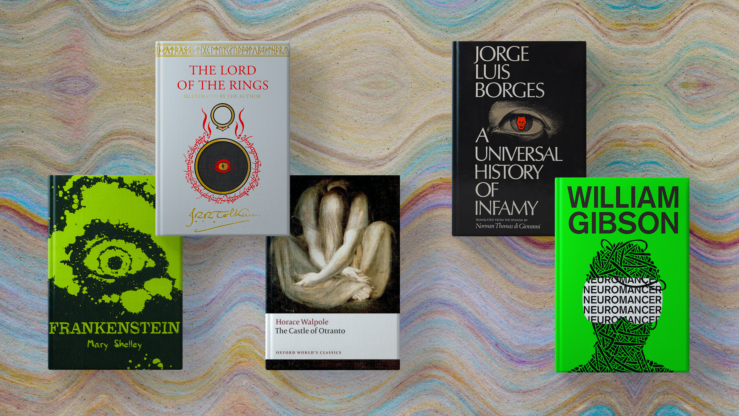 Five new book covers of various genres on a colorful background.