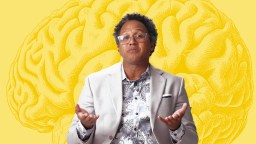 A man with glasses and a brain in front of a yellow background.