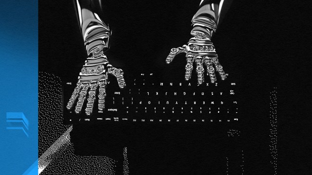 A black and white image of a skeleton holding a keyboard, highlighting the impact of AI job shift.