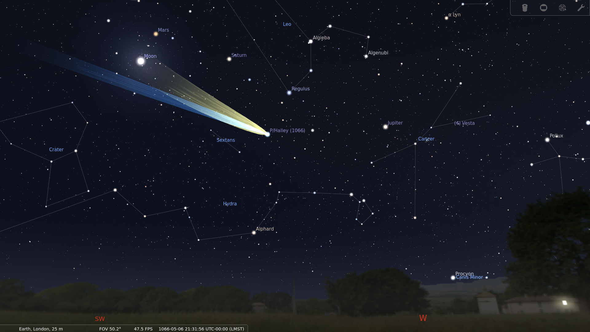 Halley's comet is seen in the sky above a field simulated in stellarium 1066
