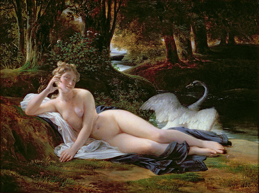 A painting of a nude woman laying on the ground next to a swan.