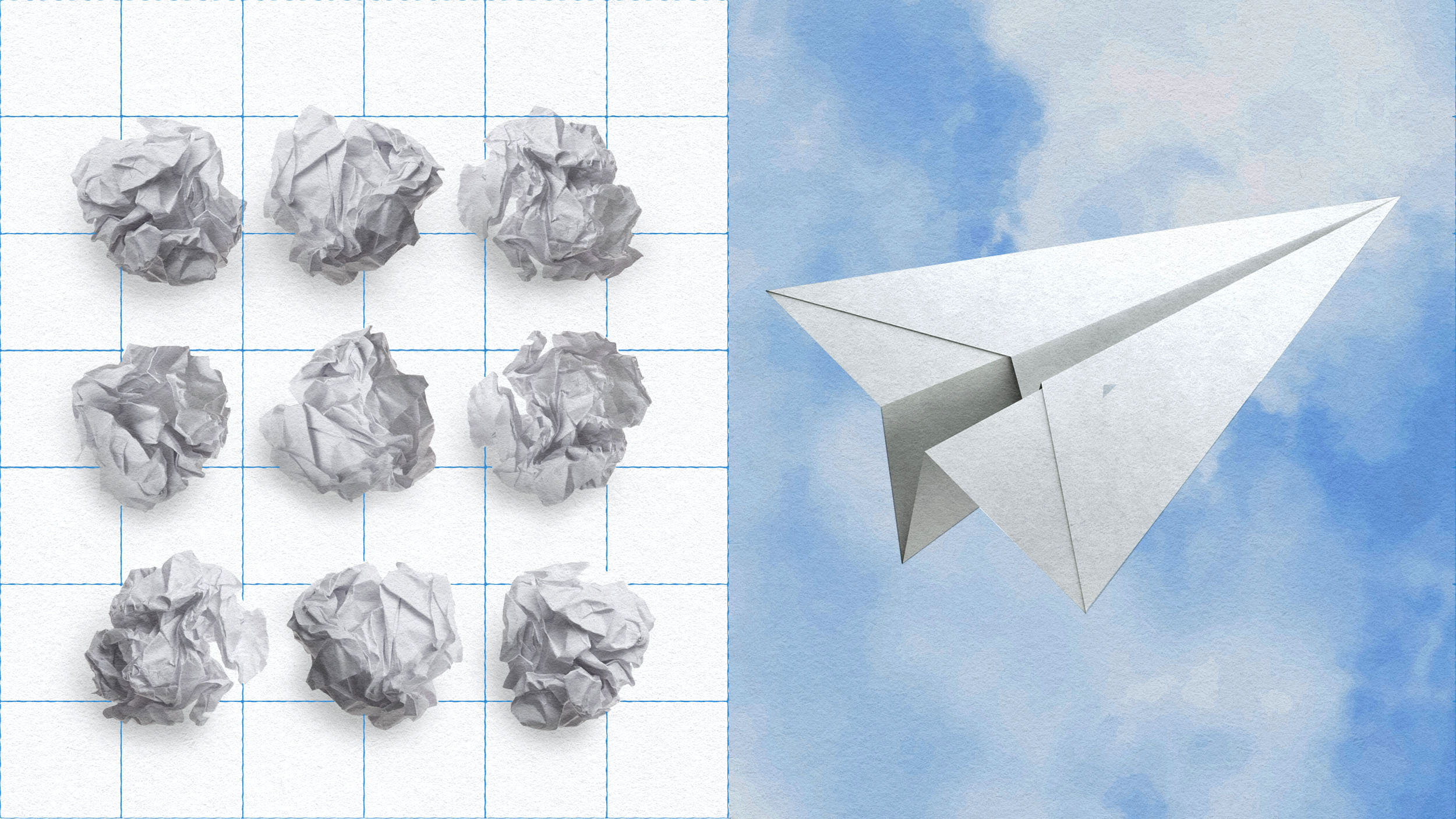 A failure of a paper airplane constructed from crumpled paper.