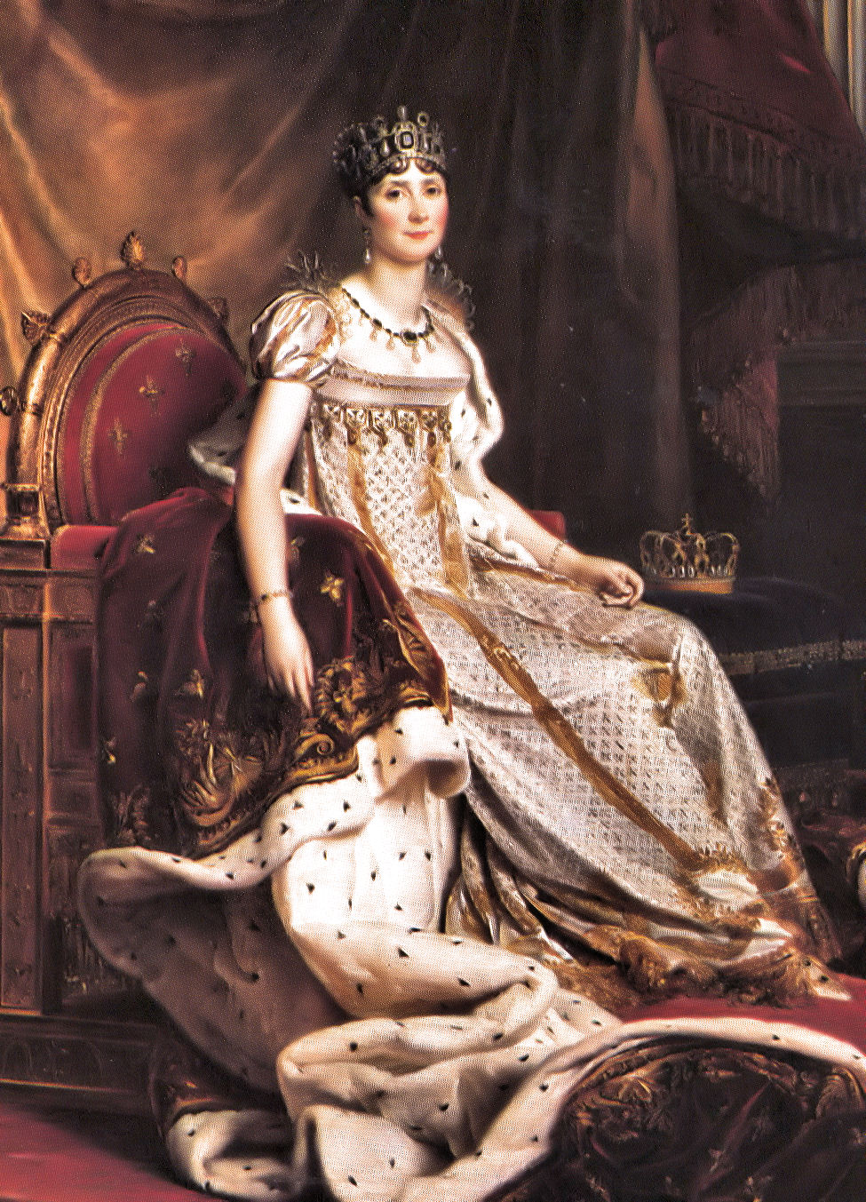 A painting of a woman in an ornate dress sitting on a throne, inspired by Napoleon-era fashion.