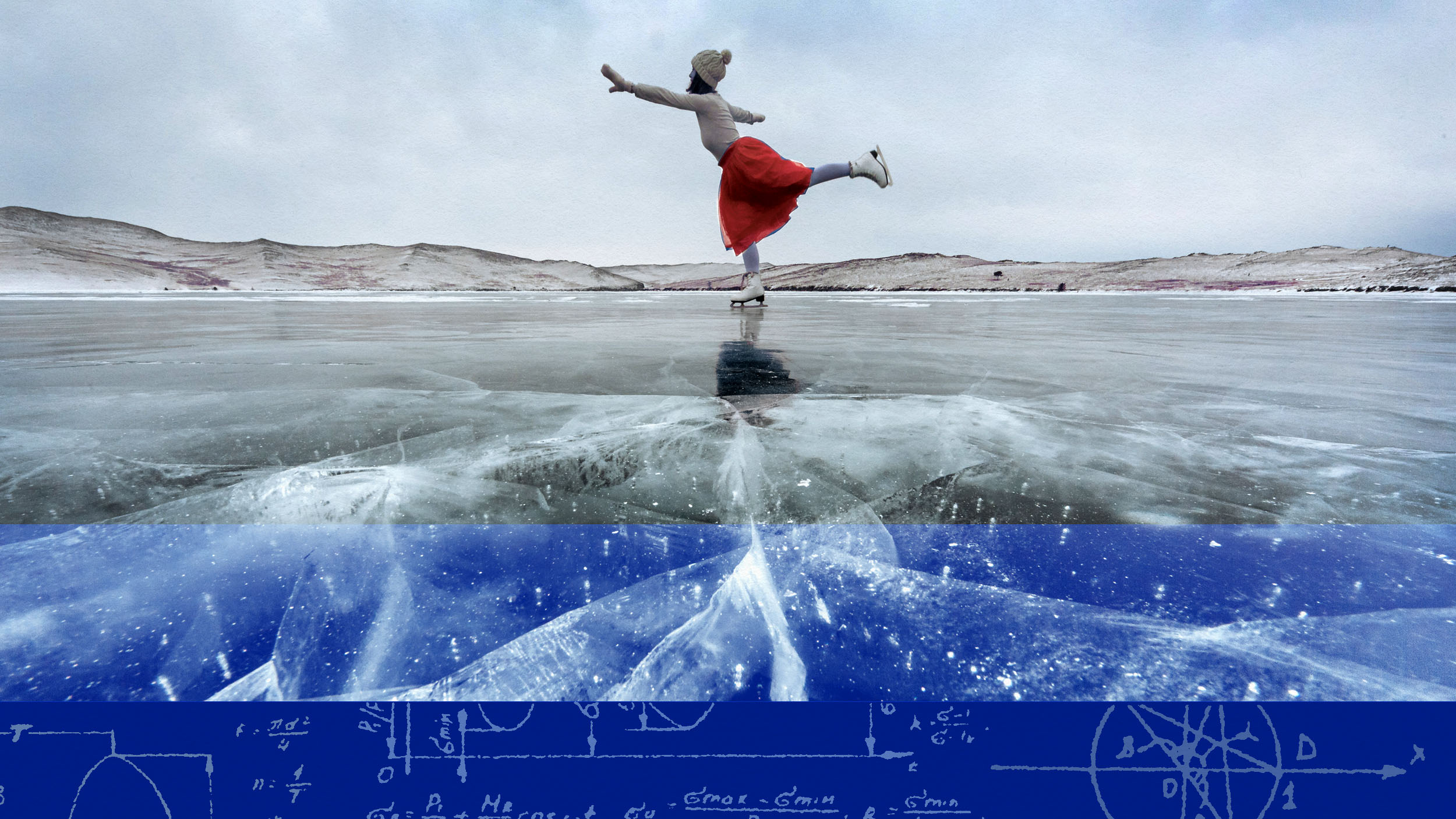 A woman in a red dress is gracefully ice skating on a frozen lake.