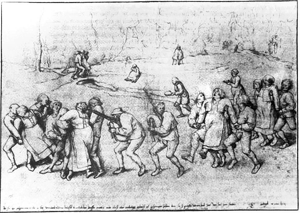A drawing of a group of people in a field, displaying a sense of paranoia.