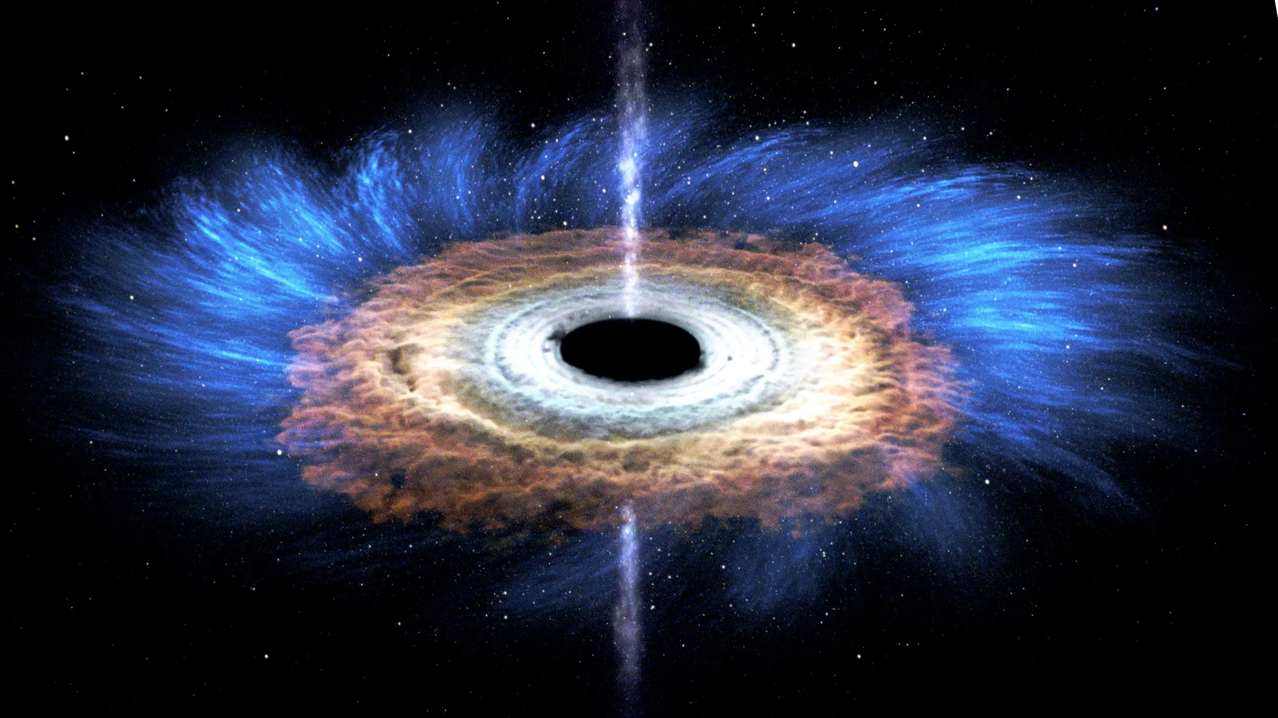 An artist's illustration of a supermassive black hole with an accretion disk and relativistic jets.