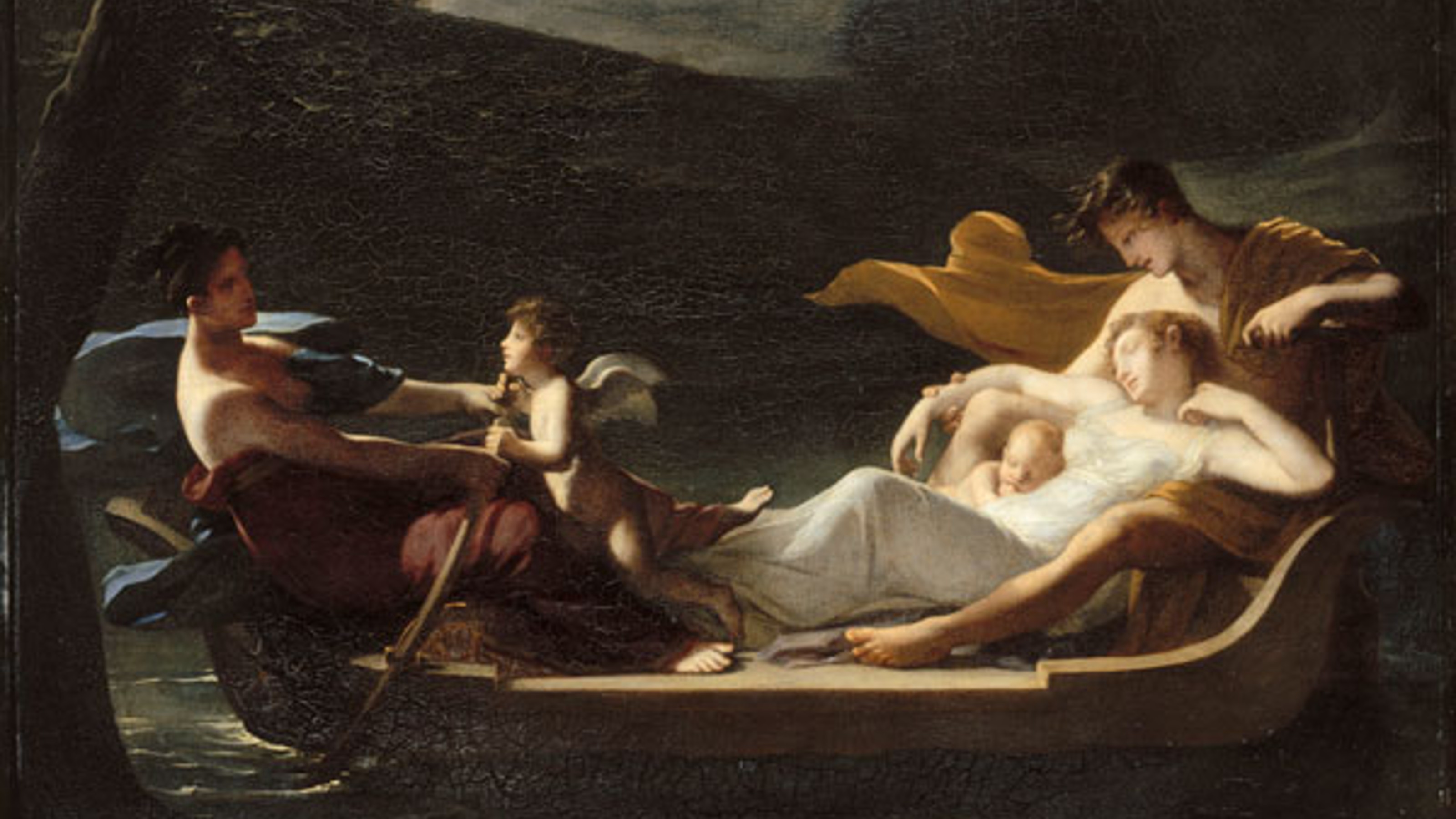 A painting of a woman and two children in a boat. 